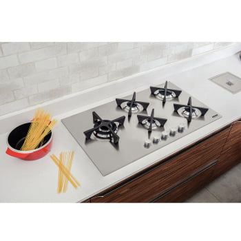 Cooktop a Gás Tramontina Design Collection Penta Inox Flat 5 GX 90 em Aço Inox 5 Queimadores Automát