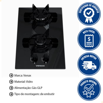Cooktop a Gás Venax Líbero 2 Queimadores Vidro Preto 7266