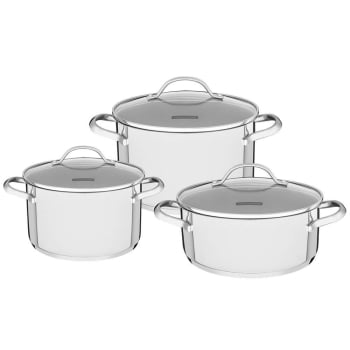 Jogo de Panelas Tramontina Una 3 Peças em Aço Inox com Fundo Triplo e Tampas de Vidro 65280070 Jogo de Panelas Tramontina Una 3 Peças em Aço Inox com Fundo Triplo e Tampas de Vidro 65280070