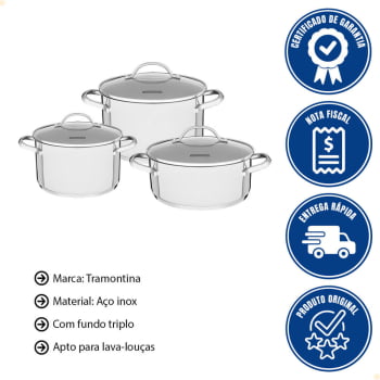 Jogo de Panelas Tramontina Una 3 Peças em Aço Inox com Fundo Triplo e Tampas de Vidro 65280070