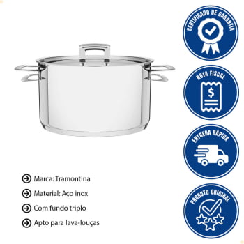 Caçarola Tramontina Brava Funda 20 cm 3,6 L em Aço Inox Fundo Triplo com Tampa Plana  Alças 62404200