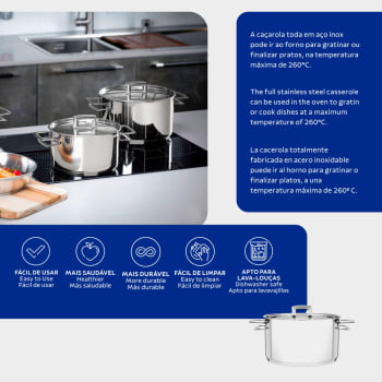 Caçarola Tramontina Brava Funda 20 cm 3,6 L em Aço Inox Fundo Triplo com Tampa Plana  Alças 62404200