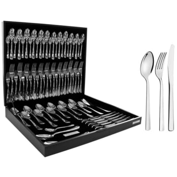 Faqueiro Tramontina Oslo 76 Peças em Aço Inox com Facas de Mesa e Estojo de Madeira 66985304 Faqueiro Tramontina Oslo 76 Peças em Aço Inox com Facas de Mesa e Estojo de Madeira 66985304
