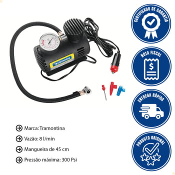 Mini Compressor de Ar Portátil Tramontina Elétrico p/ Carros 300 psi 50W 12V 8 L por Minuto 42330001