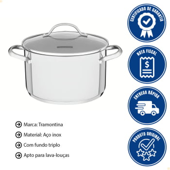 Caçarola Funda Tramontina Una 24 cm 6,1 L em Aço Inox com Fundo Triplo e Tampa de Vidro 62284240