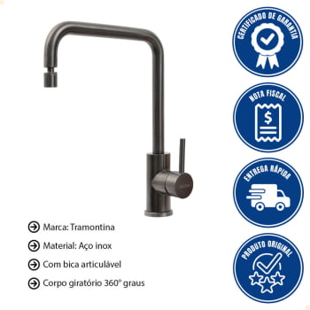 Misturador Monocomando Tramontina Angolare em Aço Inox Black com Bica Articulada em PVD 94520512