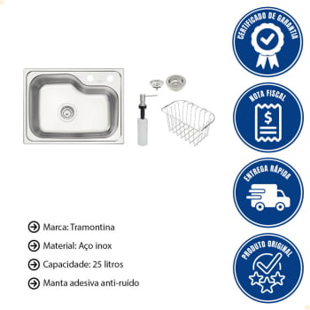 Cuba Tramontina Morgana Compact 48 FX em Aço Inox+Válvula, Cesta Aramada e Dosador de Sabão 93815152