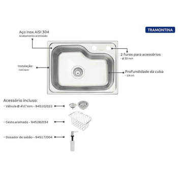 Cuba Tramontina Morgana Compact 48 FX em Aço Inox+Válvula, Cesta Aramada e Dosador de Sabão 93815152