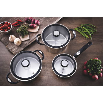 Jogo de Panelas Tramontina Solar Silicone em Aço Inox com Fundo Triplo 5 Peças 65120040