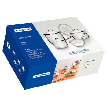 Jogo de Panelas Tramontina Solar em Aço Inox com Fundo Triplo e Tampas de Inox 5 Peças 65510780
