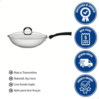 Panela Wok Tramontina Solar Silicone Aço Inox com Fundo Triplo e Tampa de Vidro 28 cm 3,3 L 62138280