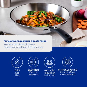 Panela Wok Tramontina Solar Silicone Aço Inox com Fundo Triplo e Tampa de Vidro 28 cm 3,3 L 62138280