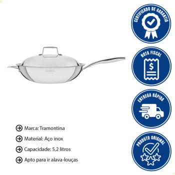 Panela Wok Tramontina Grano em Aço Inox Corpo Triplo com Tampa e Cabo 32 cm 5,2 L 62158320