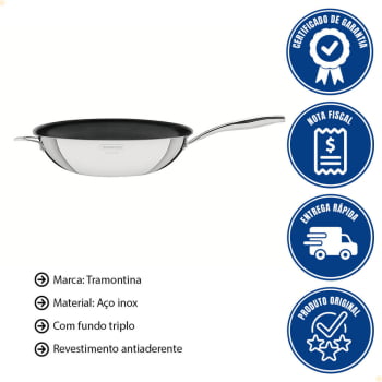 Panela Wok Tramontina Grano Aço Inox Corpo Triplo Rev Interno Antiaderente Cabo 32 cm 5,2 L 62158327