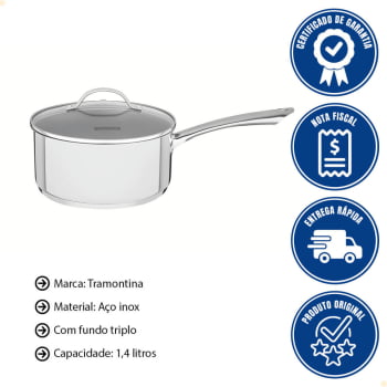 Panela Tramontina Una em Aço Inox com Fundo Triplo e Tampa de Vidro 16 cm 1,4 L 62281160