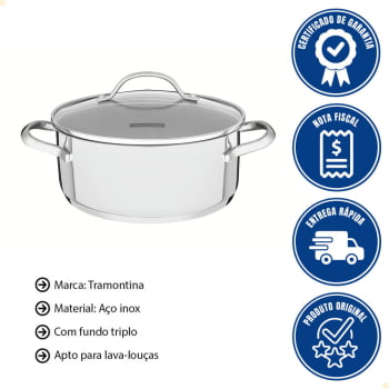 Caçarola Rasa Tramontina Una em Aço Inox com Fundo Triplo e Tampa de Vidro 24 cm 4,8 L 62283240