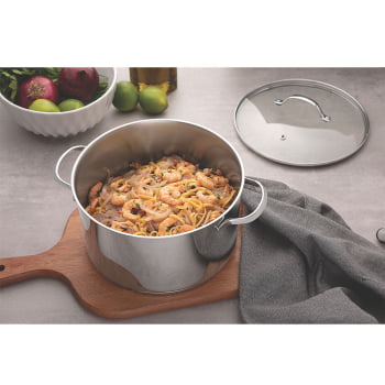 Caçarola Rasa Tramontina Una em Aço Inox com Fundo Triplo e Tampa de Vidro 24 cm 4,8 L 62283240