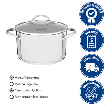 Caçarola Funda Tramontina Una em Aço Inox com Fundo Triplo e Tampa de Vidro 20 cm 3,6 L 62284200