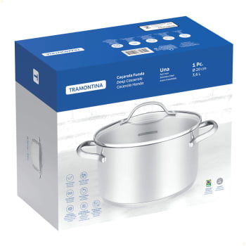 Caçarola Funda Tramontina Una em Aço Inox com Fundo Triplo e Tampa de Vidro 20 cm 3,6 L 62284200