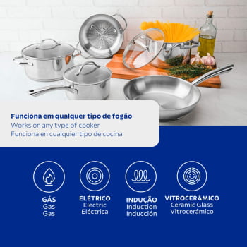Jogo de Panelas Tramontina Una em Aço Inox com Fundo Triplo e Tampas de Vidro 5 Peças 65280010