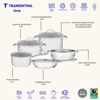Jogo de Panelas Tramontina Una em Aço Inox com Fundo Triplo e Tampas de Vidro 5 Peças 65280010