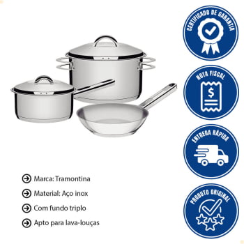 Jogo de Panelas Tramontina Solar em Aço Inox com Fundo Triplo 3 Peças 65510730