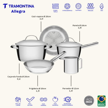 Jogo de Panelas Tramontina Allegra em Aço Inox com Fundo Triplo 5 Peças 65660280