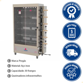 Forno Assador Rotativo Infravermelho a Gás Progás PR-631 Com 6 Espetos Para 30 Frangos Bivolt P24421