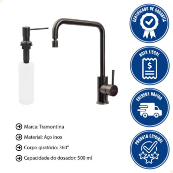 Kit Tramontina em Aço Inox Misturador Angolare Black+Dosador de Sabão Black 500ml 94520512-94517504