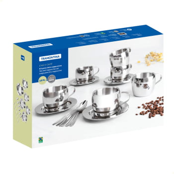 Kit para Chá e Capuccino Tramontina em Aço Inox Acabamento Brilho com Xícara Pires e Colher 18 Peças