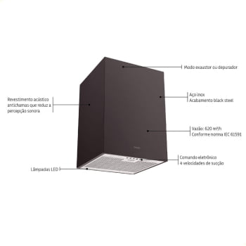 Coifa Ilha Tramontina Square Isla 40 Silent Aço Inox Black Steel e Anti Digitais 40cm 220 V 95800037