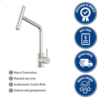 Misturador Monocomando Tramontina Versa em Aço Inox com Bica Articulada 94520027