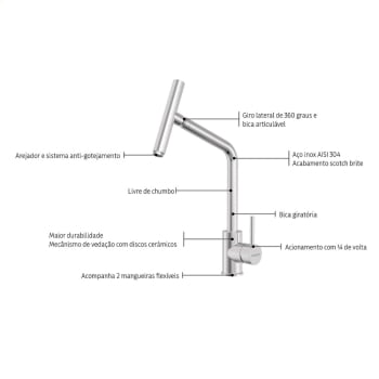 Misturador Monocomando Tramontina Versa em Aço Inox com Bica Articulada 94520027
