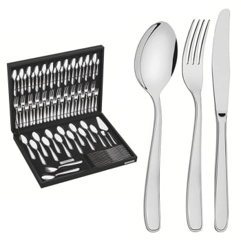 Faqueiro Tramontina Maresias Aço Inox c/ Facas de Mesa Acab. Brilho e Estojo de Madeira 76 Peças Faqueiro Tramontina Maresias Aço Inox c/ Facas de Mesa Acab. Brilho e Estojo de Madeira 76 Peças