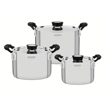 Jogo de Panelas Tramontina Grano Compact Aço Inox Corpo Triplo e Alças em Silicone 3 Peças 65240200