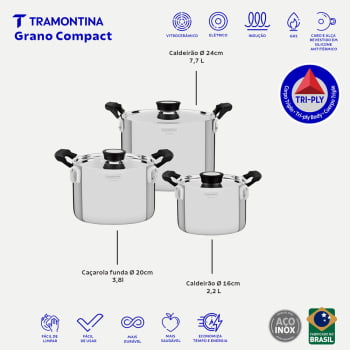Jogo de Panelas Tramontina Grano Compact Aço Inox Corpo Triplo e Alças em Silicone 3 Peças 65240200