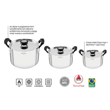 Jogo de Panelas Tramontina Grano Compact Aço Inox Corpo Triplo e Alças em Silicone 3 Peças 65240200