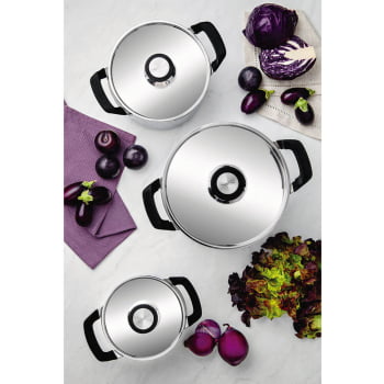 Jogo de Panelas Tramontina Grano Compact Aço Inox Corpo Triplo e Alças em Silicone 3 Peças 65240200