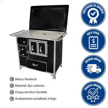 Fogão a Lenha Venancio Tradicional Preto Gabinete Nº02 Lado Direito Porta Dupla Com Tampa FLX2GCX