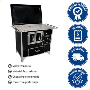 Fogão a Lenha Venâncio Tradicional Preto Gabinete Nº02 Lado Esquerdo Porta Dupla Com Tampa FLX2GCX