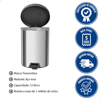 Lixeira com Pedal New Tramontina em aço inox com Acabamento Polido 12 L 94538712