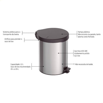 Lixeira com Pedal New Tramontina em aço inox com Acabamento Polido 12 L 94538712