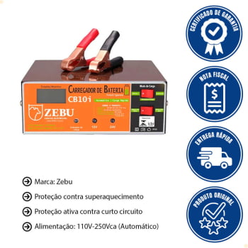 Carregador de Bateria Zebu 10A 180W CB10I 12V/24V Bivolt 35661