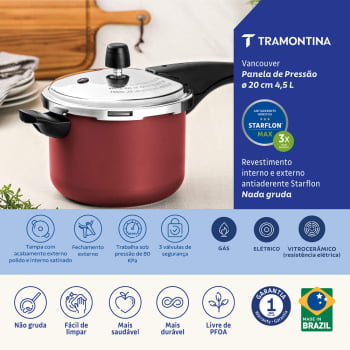 Panela de Pressão Tramontina Vancouver Alumínio Rev. Antiaderente Vermelho 20 cm 4,5 L 20582720