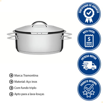Caçarola Rasa Tramontina Solar em Aço Inox Fundo Triplo com Tampa e Alças 24 cm 4,7 L 62503241