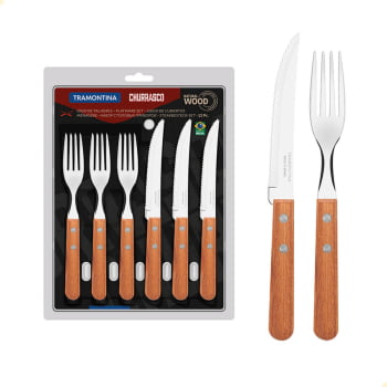 Kit Jogo de Talheres Churrasco Tramontina Aço Inox Cabos de Madeira Natural 24 Peças 22399030