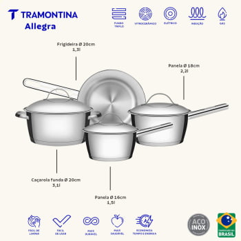 Jogo de Panelas Tramontina Allegra em Aço Inox com Fundo Triplo e Tampas de Inox 4 Peças 65650270