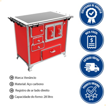 Fogão a Lenha Tradicional Venâncio N°2 Vitrocerâmico Vermelho Sem Tampa Gabinete Direito 35949