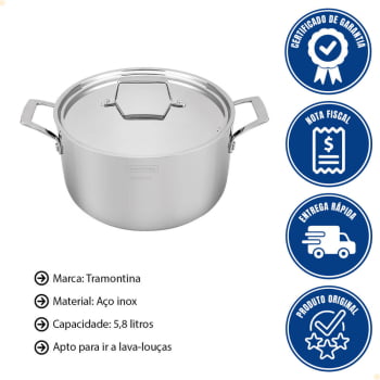 Caçarola Tramontina Grano Funda em Aço Inox Corpo Triplo com Tampa e Alças 24 cm 5,8 L 62144240