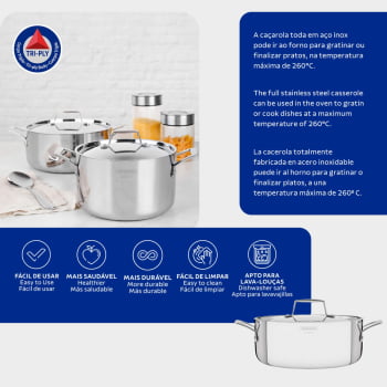 Caçarola Tramontina Grano Funda em Aço Inox Corpo Triplo com Tampa e Alças 24 cm 5,8 L 62144240